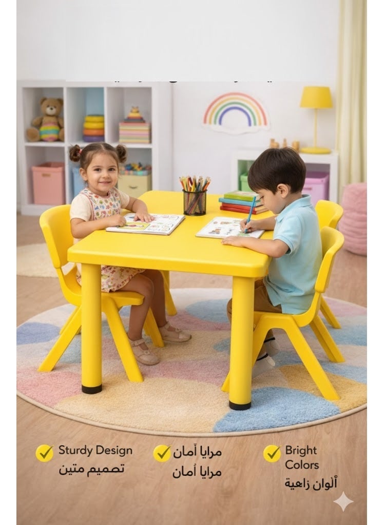 Funz Kids Rectangle Plastic Study Table & 4 Chairs Set for Home or School Size 120*60cm Height Adjustable Strong & Durable, Yellow - Image 4